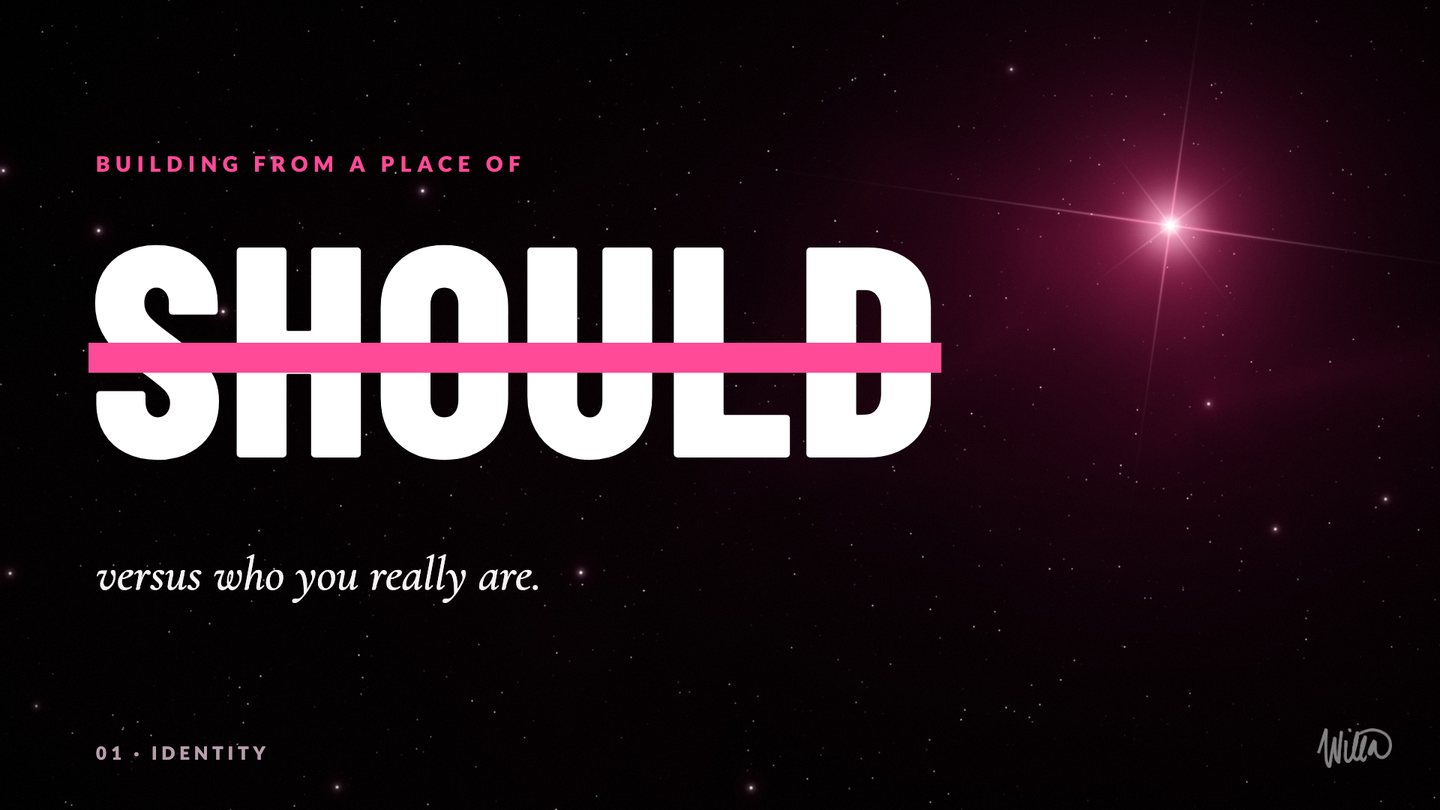 Brand on Fire slide: the word should, struck through, versus who you really are.