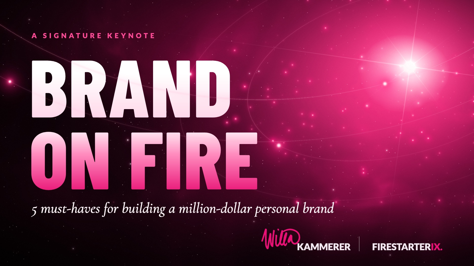 Brand on Fire — Willa Kammerer's keynote title slide: 5 must-haves for building a million-dollar personal brand