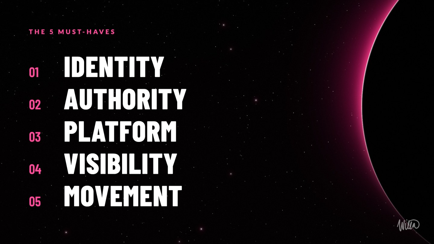 The five must-haves from Willa Kammerer's Brand on Fire talk — Identity, Authority, Platform, Visibility, Movement