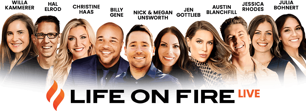 The Life on Fire Live 2026 speaker lineup — Willa Kammerer featured alongside Hal Elrod, Christine Haas, Billy Gene, Nick & Megan Unsworth, Jen Gottlieb, Austin Blanchfill, Jessica Rhodes and Julia Bohnert