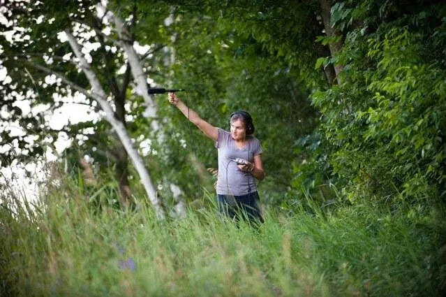 Willa Kammerer recording audio in the field — early documentary radio days